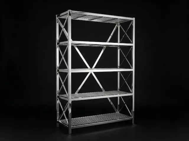 Custom welded stainless steel rack with wire mesh shelves